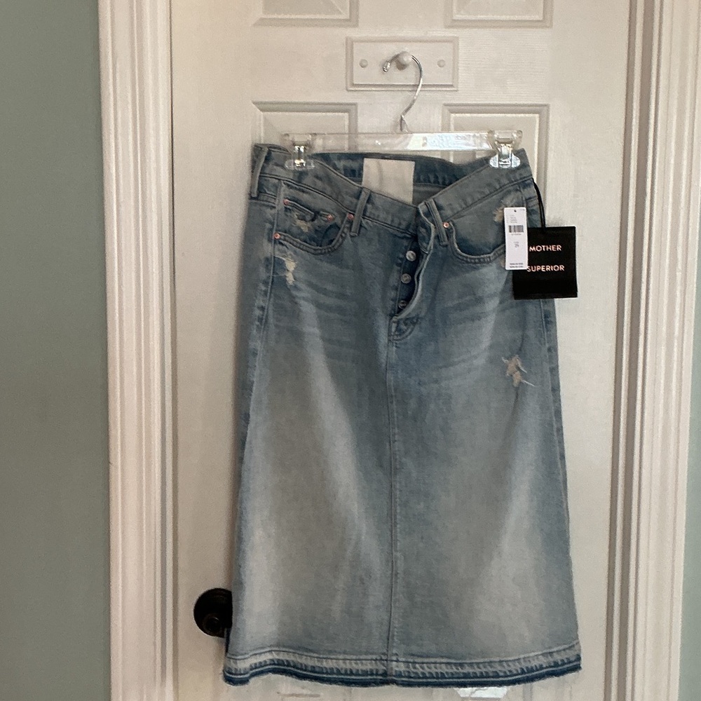 MOTHER Light Blue Distressed Denim Midi Skirt